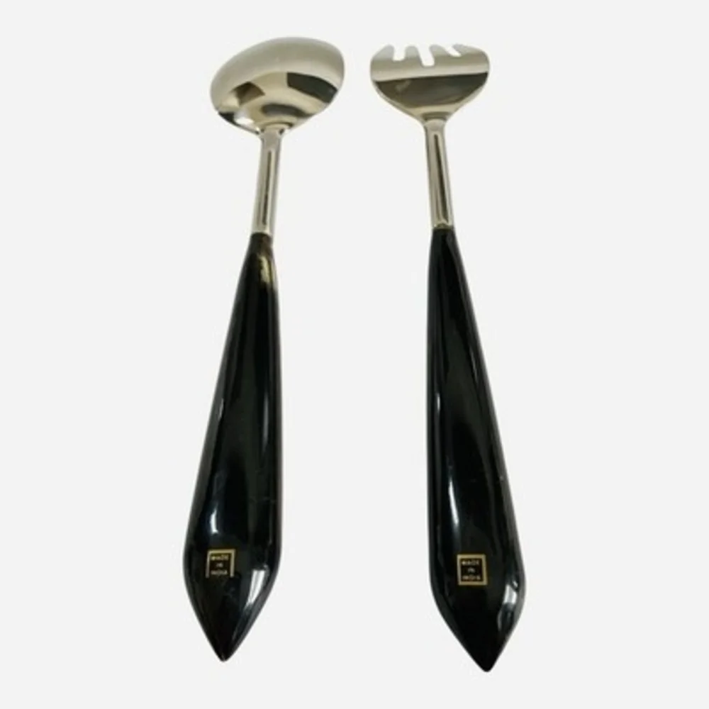 Mid Century Modern Stainless Steel Salad Serving Set Black Handles Vintage